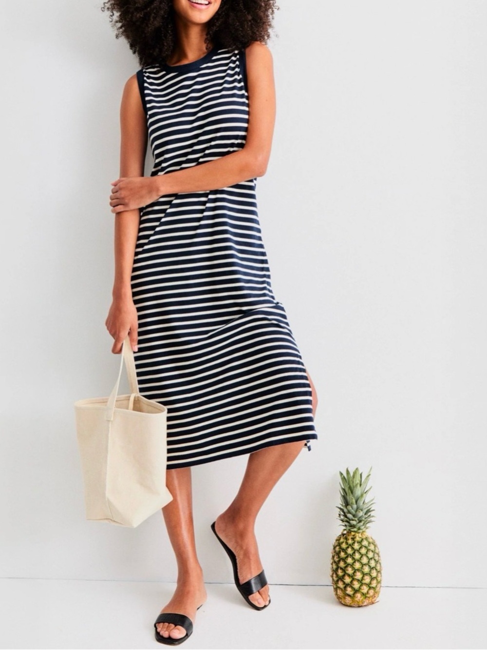 Kule The Tank Dress Striped Navy Blue Cream Cotton Medium M Sleeveless Boxy
